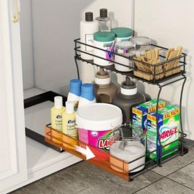 Double Slide-out Sink Cabinet Organizer, Under Sink Organizer In Kitchen And Bathroom Cabinets, Medium, Black