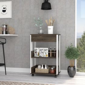 White and Dark Walnut 1-Drawer 2-Shelf Kitchen Cart with Caster