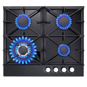 Gas Cooktop 24 inch Black Tempered Glass 4 Burners Built-in Hob NG/LPG Convertible