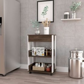 DEPOT E-SHOP Pillar Kitchen Cart, Four Casters, Three Shelves, White / Dark Walnut