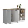 Ginger Kitchen Island, Three Open Shelves, Two Cabinets White - Natural Oak