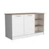 Ginger Kitchen Island, Three Open Shelves, Two Cabinets White - Natural Oak