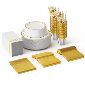 Set Of 50 Flat Plastic Round Gold Disposable Cutlery Containing Large And Small Plates, Cups, Cutlery, Paper Towels, Straws