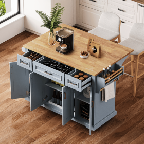 54 inch Large Kitchen Island with Rubber Wood Drop Leaf, Embossed Texture Rolling Kitchen Cart on 4 Wheels with 4 Doors and 3 Drawers (Material: MDF,Rubber Wood, Color: Grey+Blue)