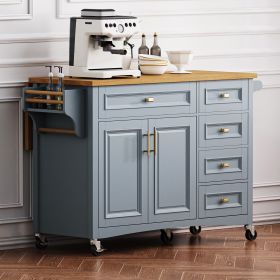 52" Kitchen Island with Drop Leaf, Embossed Texture Kitchen Island on Wheels with Spice Rack, Towel Rack, 2 Doors and 5 Drawers (Material: MDF, Color: Blue+Grey)